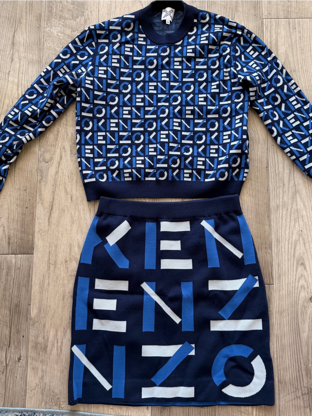 KENZO monogram blue sweater + skirt set